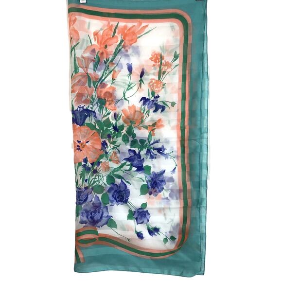 Floral Coquette Scarf Blue Peach 30" Square Striped Bow Retro Italy Vintage - Picture 5 of 10